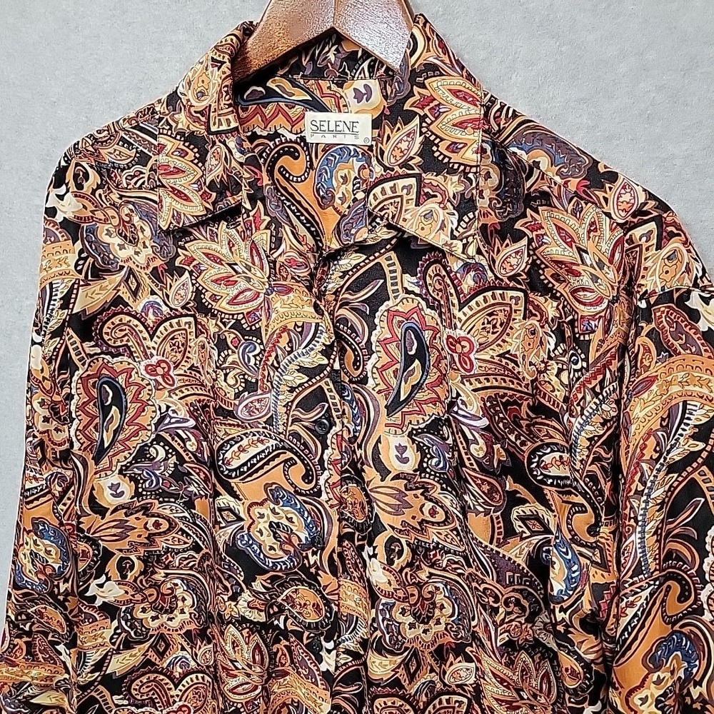 Vintage Selene Paris Womens Silk Long-Sleeved Blouse Top Size S Paisley Colorful